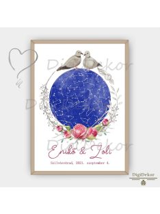 Esküvői csillagtérkép rózsákkal és galambokkal