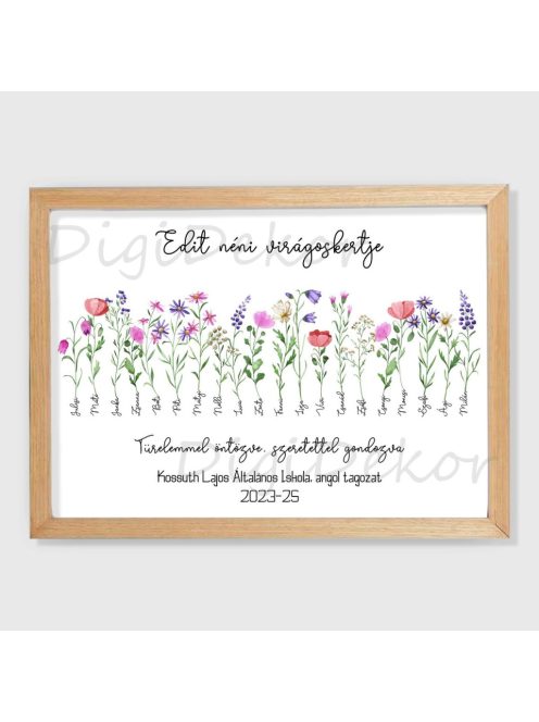 Ballagási tábla nevekkel, virágokkal, natúr keretes