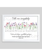 Ballagási tábla nevekkel, virágokkal, fehér keretes