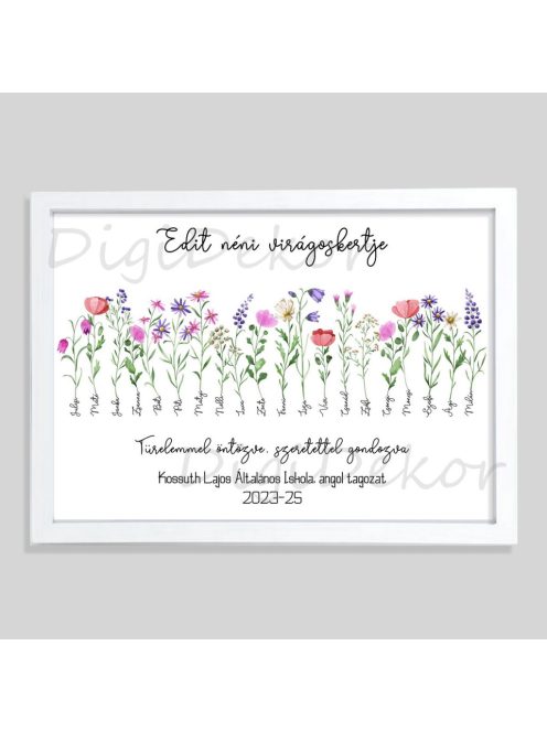 Ballagási tábla nevekkel, virágokkal, fehér keretes