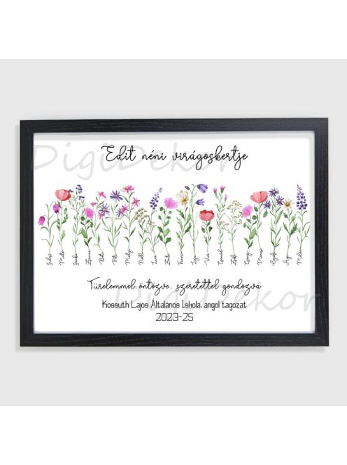 Ballagási tábla nevekkel, virágokkal, fekete keretes