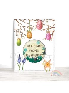   Húsvéti képeslap festett tojásokkal és tavaszi virágokkal